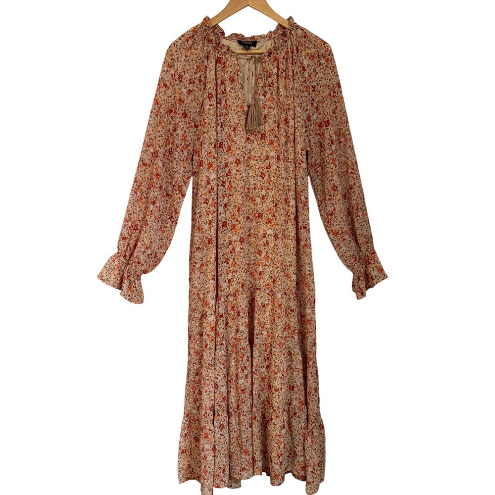 Floral Cottage Tiered Midi Dress Womens Size S Orange Boho Festival Indie GiGio - Picture 2 of 9